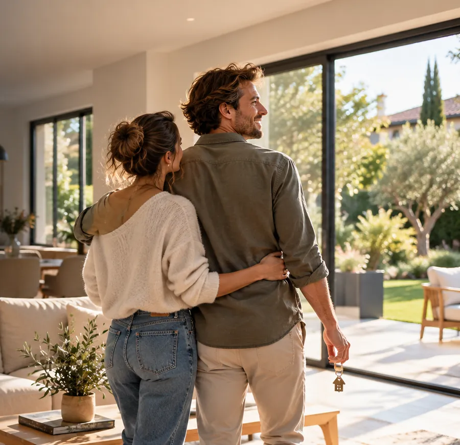 Un couple dans son nouveau salon, clés en main